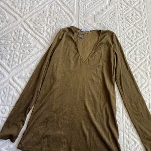 Green Metallic Long Sleeve V-Neck Top